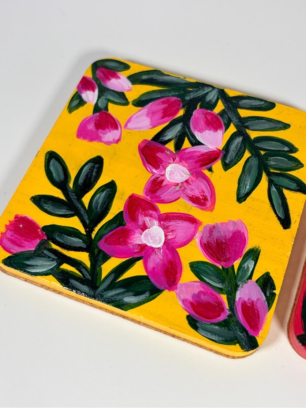 Hand-Painted Floral Leather Coasters - Pink & Yellow - Picture 5 of 6